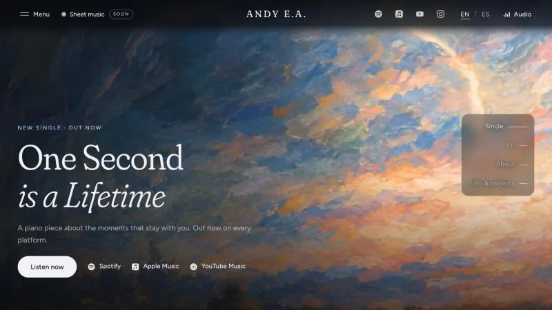 Portada del sitio andresestradamusic.com con el sencillo One Second is a Lifetime